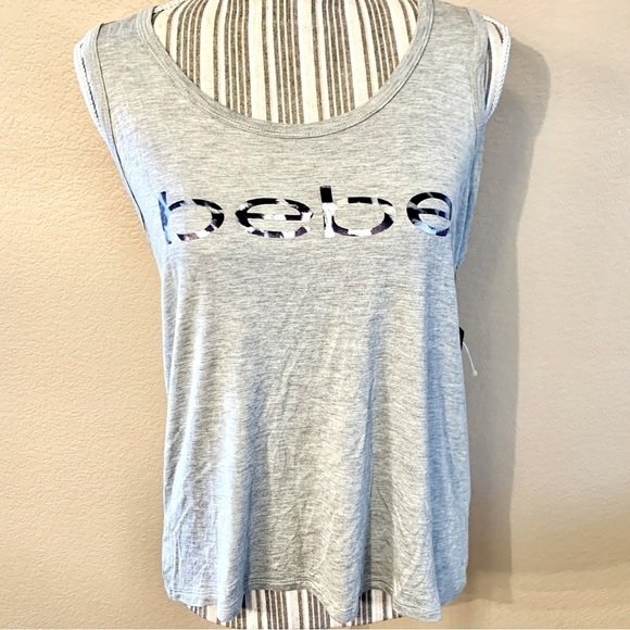 NWT Bebe Top Medium Grey Sleeveless Bebe Logo Mesh Stripe Design Rayon Spandex - Picture 1 of 13